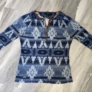 Lauren Ralph Lauren Native American Aztec Henley Knit Top Ribbed Sz Small